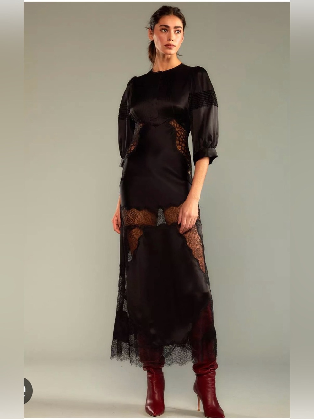 Cynthia Rowley Black Lace Panel Satin Maxi Dress